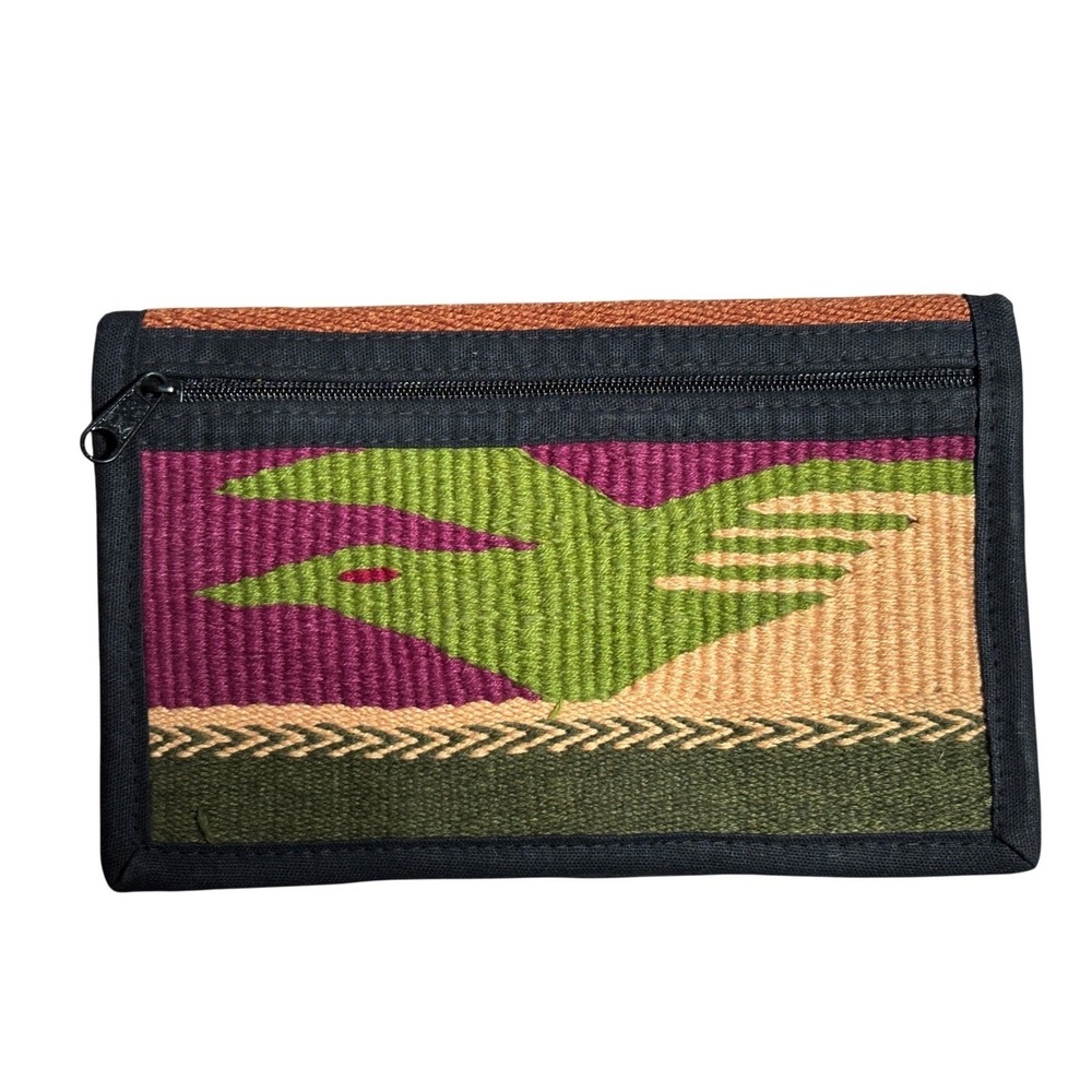 Southwestern Woven Bird Pattern Bifold Wallet Canvas Textile Zip Pocket Outdoor